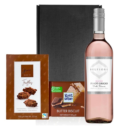 Belfiore Pinot Grigio Blush Rose Wine and Chocolates Gift Box | Luxury Gift Set with Truffles & Ritter